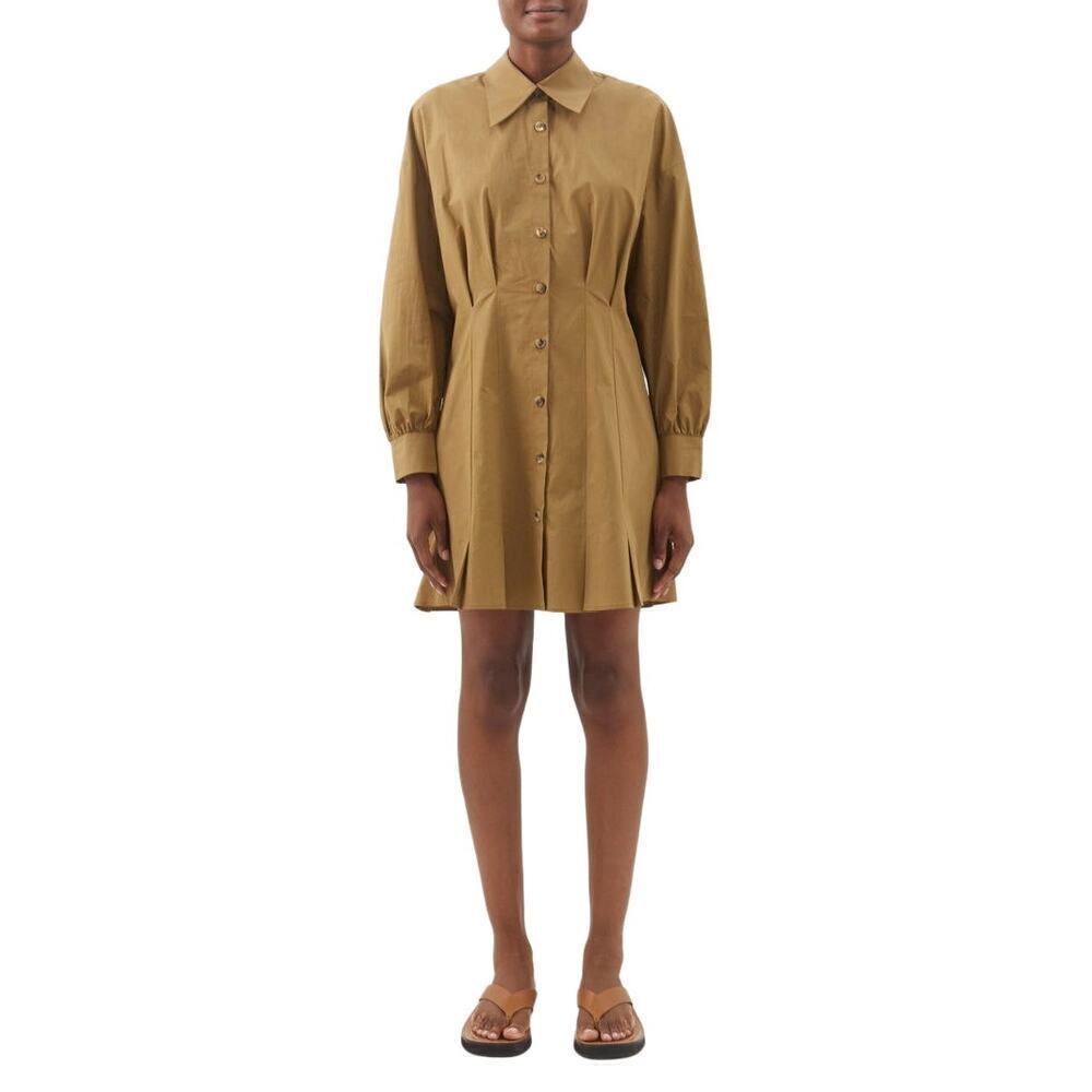 Khaite Winnie Cotton Poplin Long Sleeve Button Up Pleated Shirt Dress Khaki XL